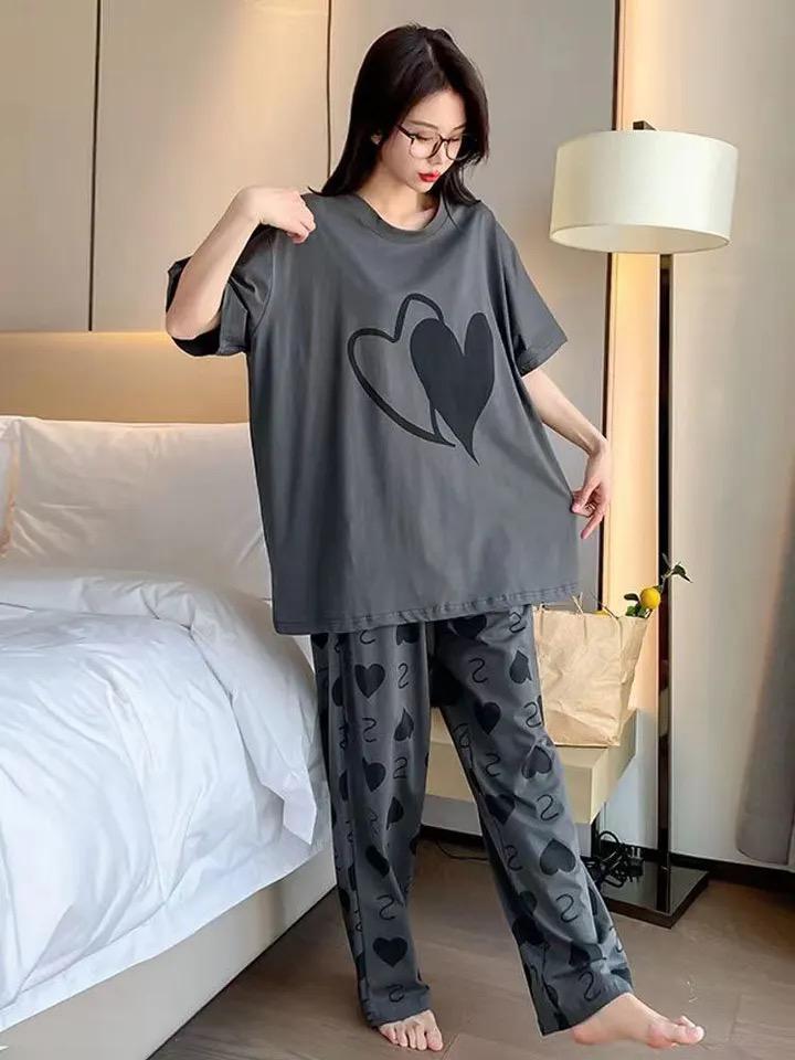 Charcoal Grey Hearts Printed Shirt With Hearts Printed Trouser (C-C-489)