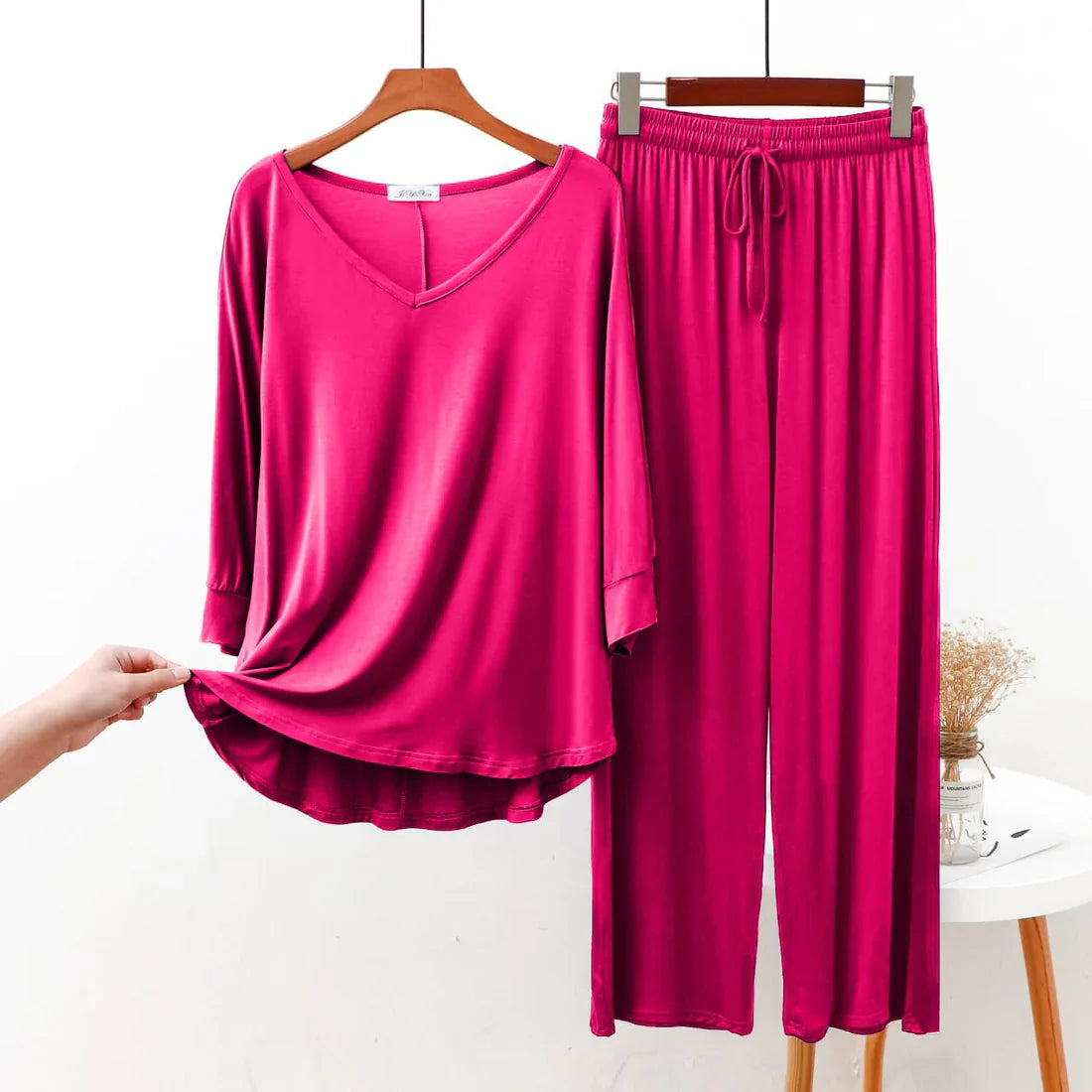 Dark Pink V Neck Shirt With Lose Style Lounge Wear (C-C-436)