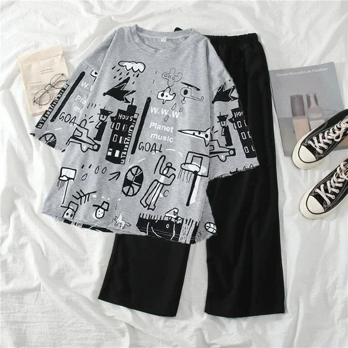 GREY PLANET MUSIC CITY GRAPHIC OVERSIZED SHIRT WITH BLACK PLAIN TROUSER (C-C-452)