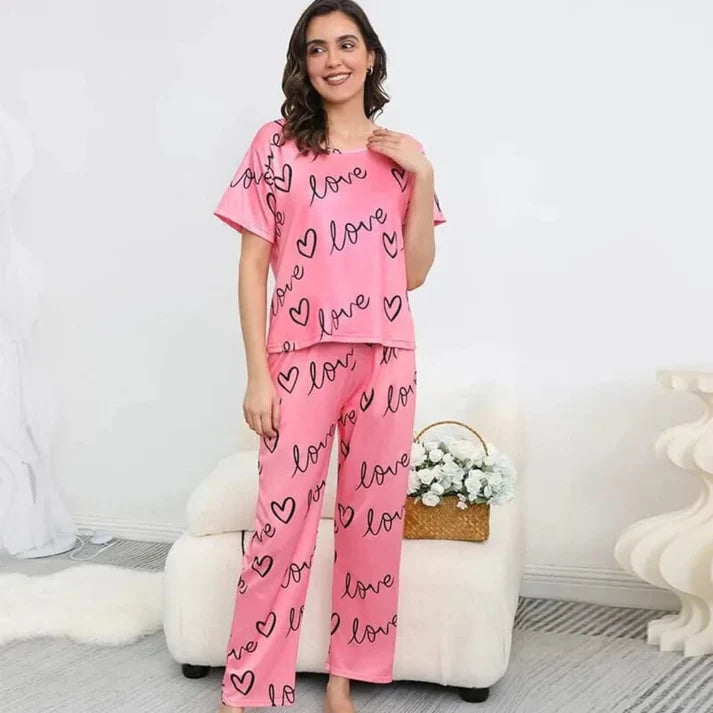 Pink Love Heart Print Half Sleeves Shirt With Printed Trouser (C-C-440)