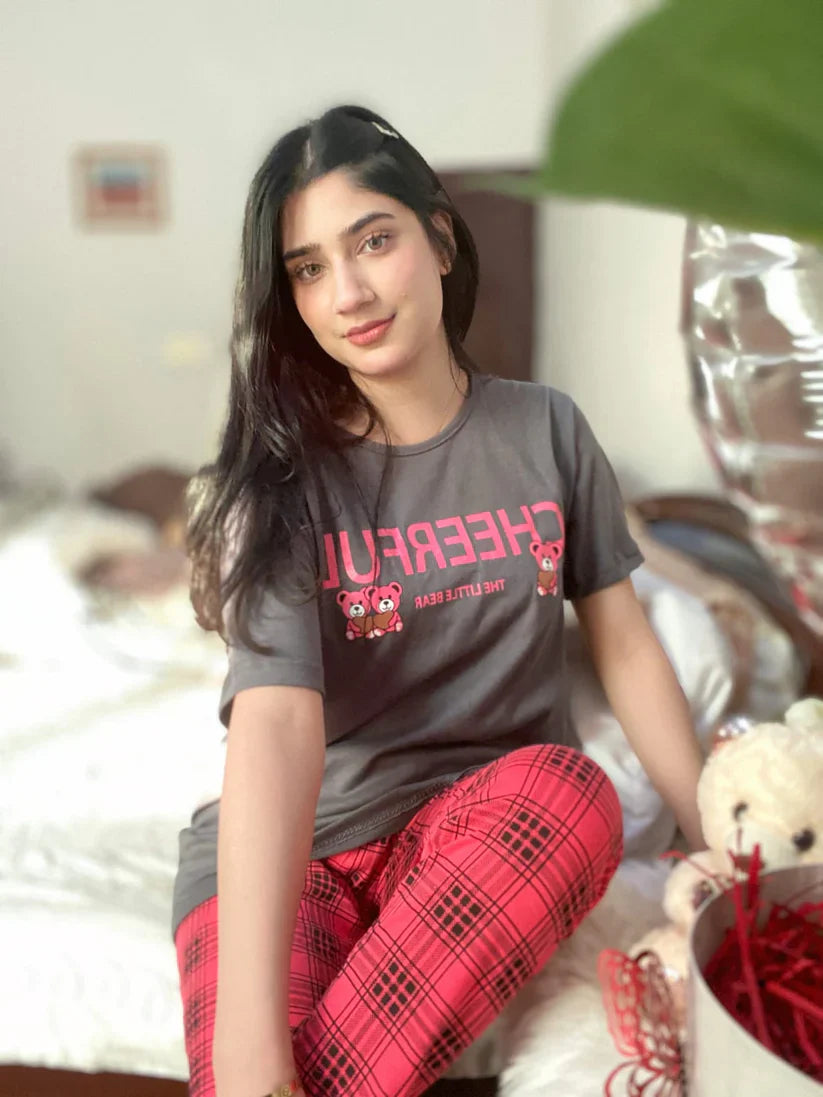 Grey With Pink CHEERFUL Print Half Sleeves Printed Trouser Night Suit (C-C-444)