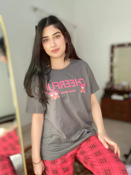 Grey With Pink CHEERFUL Print Half Sleeves Printed Trouser Night Suit (C-C-444)