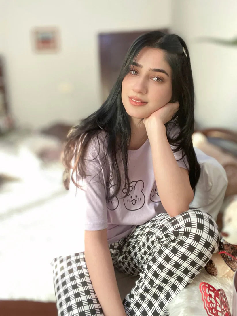 Lilac Cute Emojis With Check Printed Half Sleeves Printed Trouser Night Suit (C-C-445)