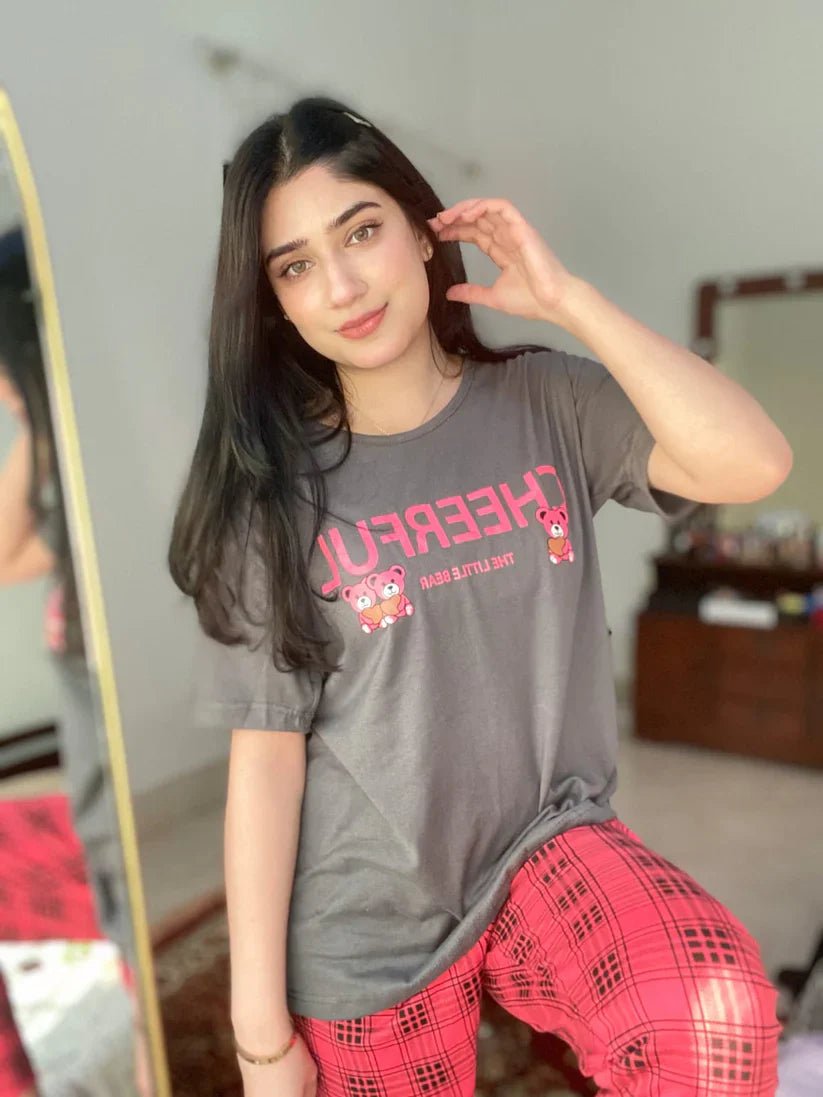 Grey With Pink CHEERFUL Print Half Sleeves Printed Trouser Night Suit (C-C-444)