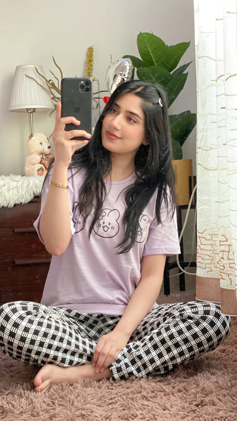 Lilac Cute Emojis With Check Printed Half Sleeves Printed Trouser Night Suit (C-C-445)