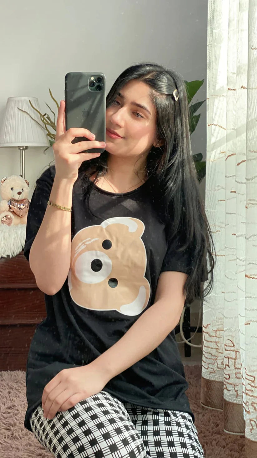 Black Bear Print Half Sleeves Shirt With Check Print Trouser (C-C-439)