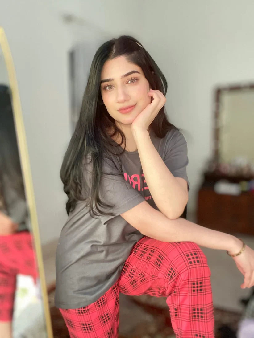 Grey With Pink CHEERFUL Print Half Sleeves Printed Trouser Night Suit (C-C-444)