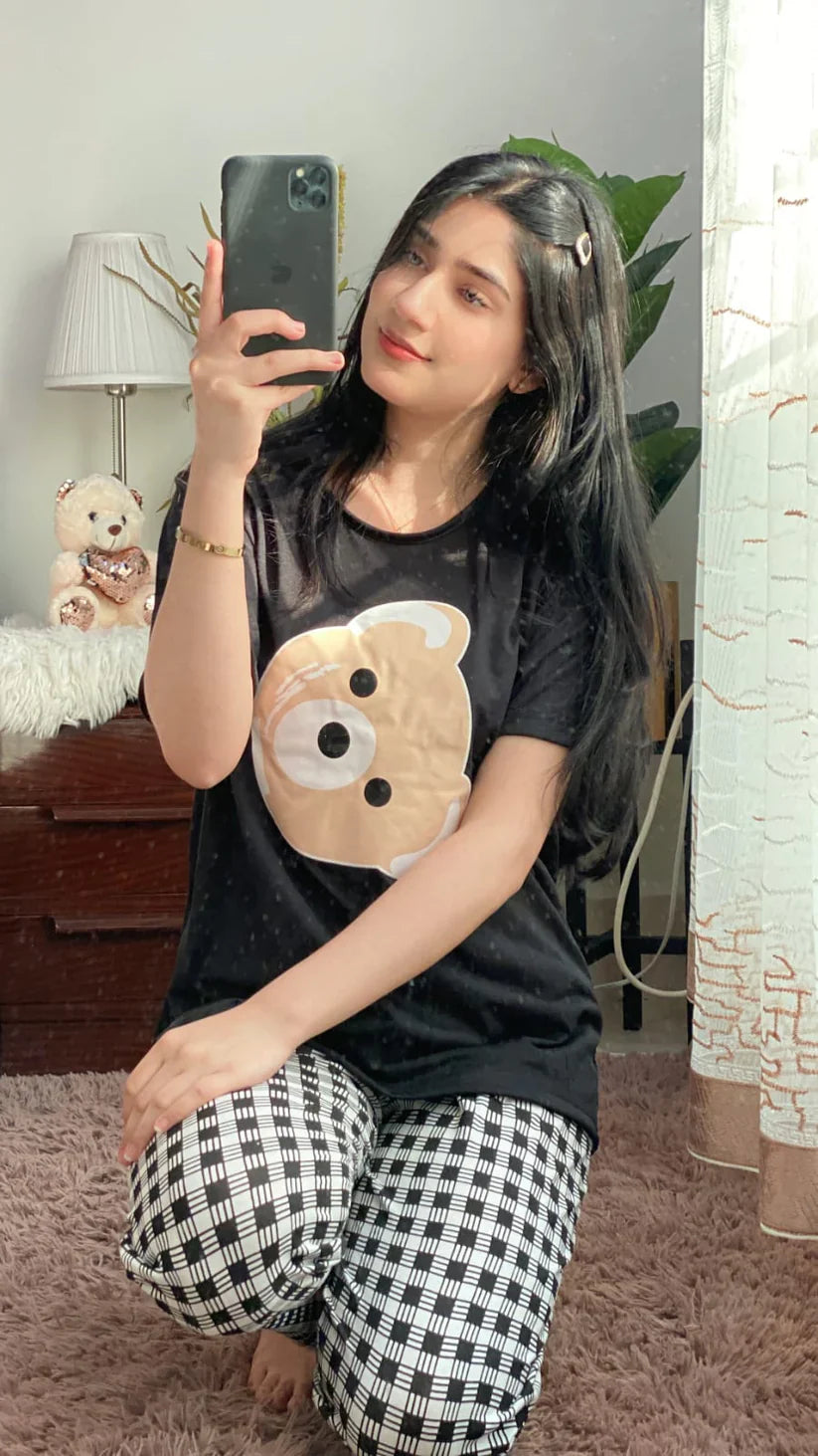 Black Bear Print Half Sleeves Shirt With Check Print Trouser (C-C-439)