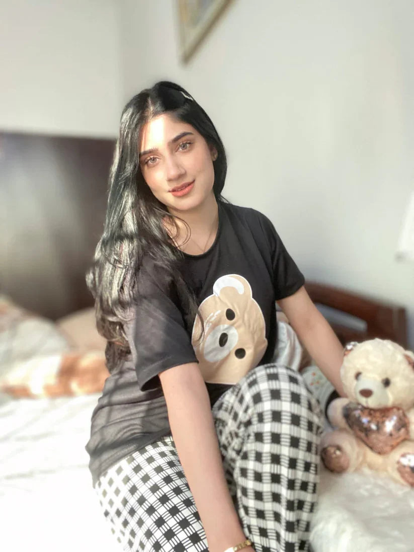 Black Bear Print Half Sleeves Shirt With Check Print Trouser (C-C-439)