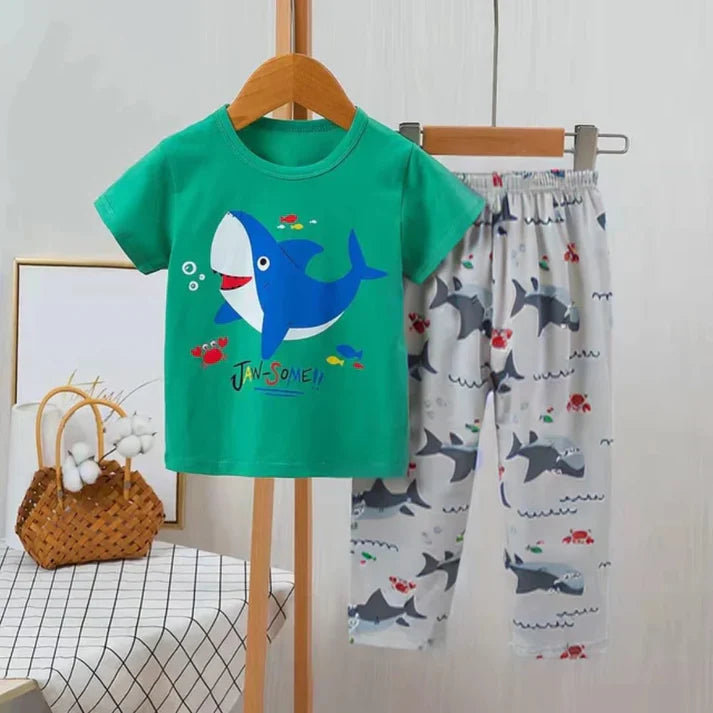 Green Shark Print Half Sleeves T-shirt With Printed Trouser Suit for Kids (C-C-473)