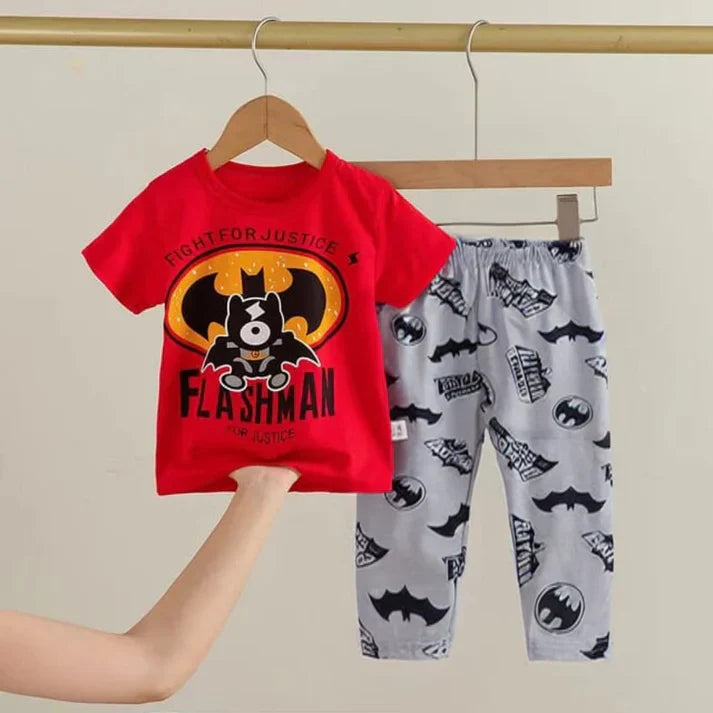 Red Flashman Printed Print Half Sleeves T-shirt With Printed Pajama Suit for Kids (C-C-475)