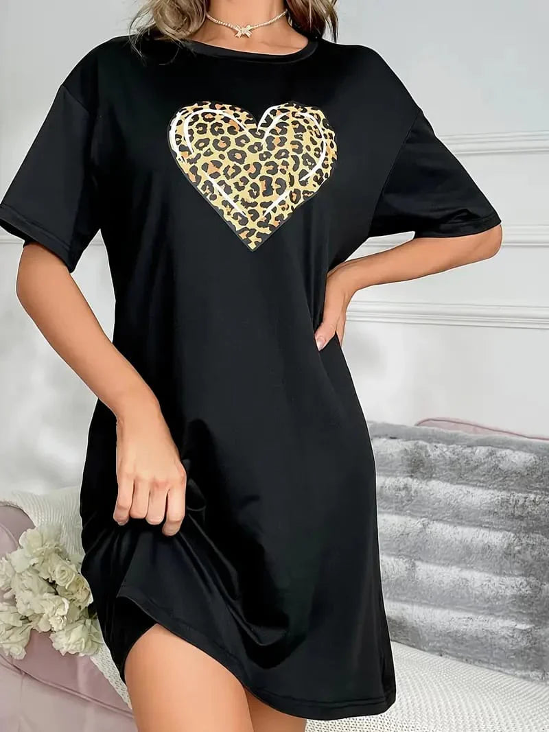 Black With Cheetah Heart Print Long Shirt For Women (CC-008)