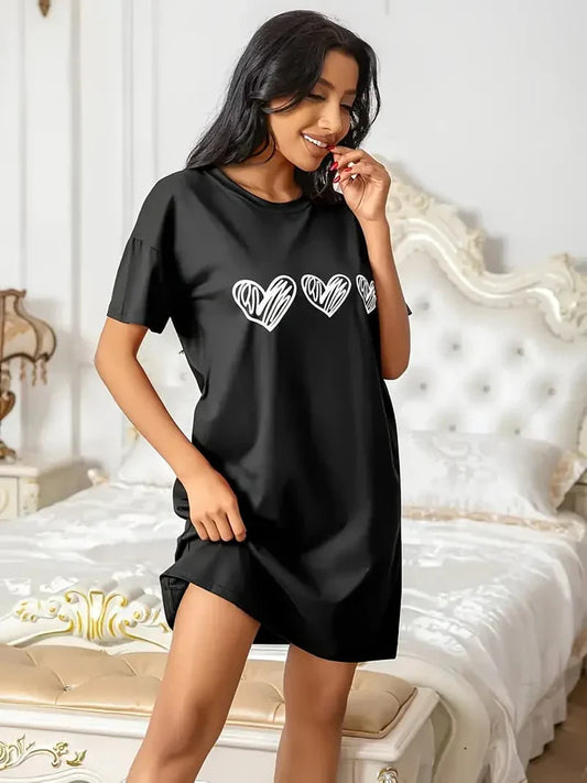 Black With White Heart Long Shirt For Women (CC-088)