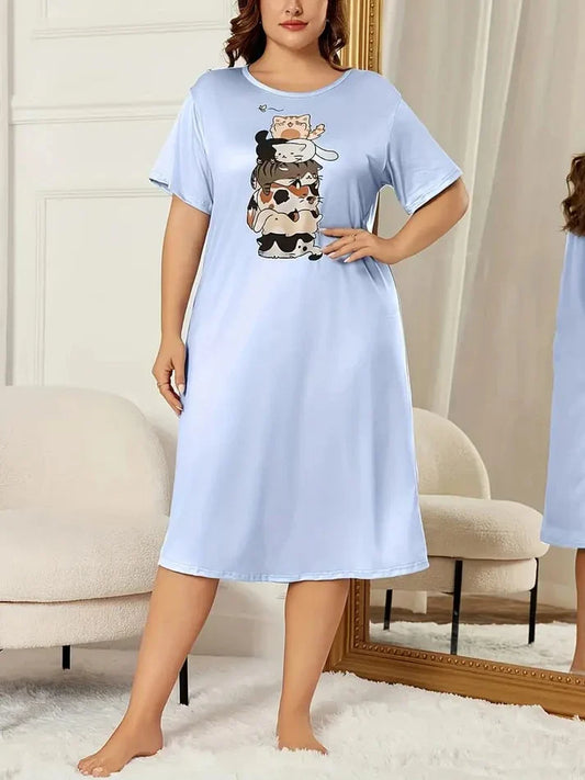 Sky Blue Cats Print Long Shirt For Women (CC-011)