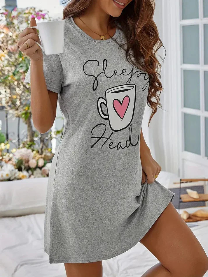 Grey With Sleepy Head Print Long Shirt For Women (CC-012)