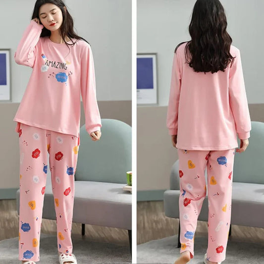 Pink Amazing Print Full Sleeves Printed Night Suit (CC-004)