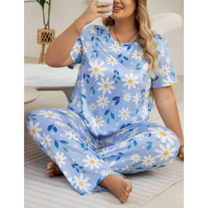 Sky Blue Flowers Print Half Sleeves T-shirt With Flowers Print Night Suit (CC-003)