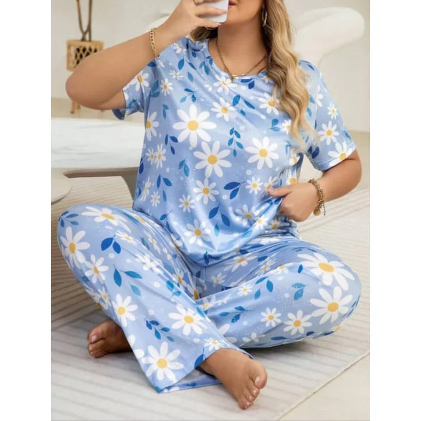Sky Blue Flowers Print Half Sleeves T-shirt With Flowers Print Night Suit (CC-003)