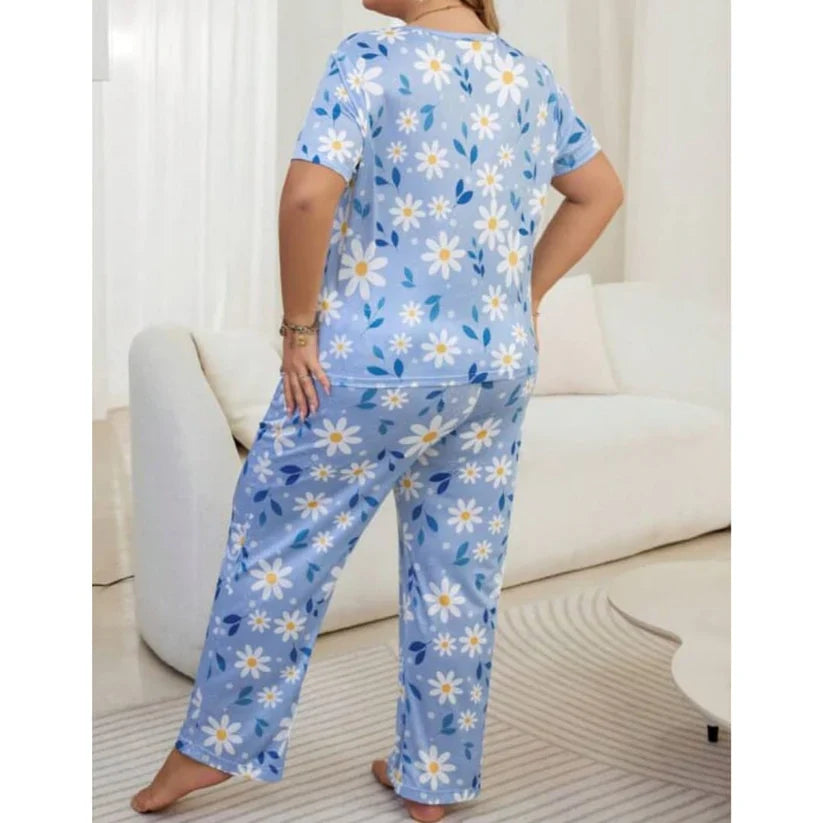 Sky Blue Flowers Print Half Sleeves T-shirt With Flowers Print Night Suit (CC-003)