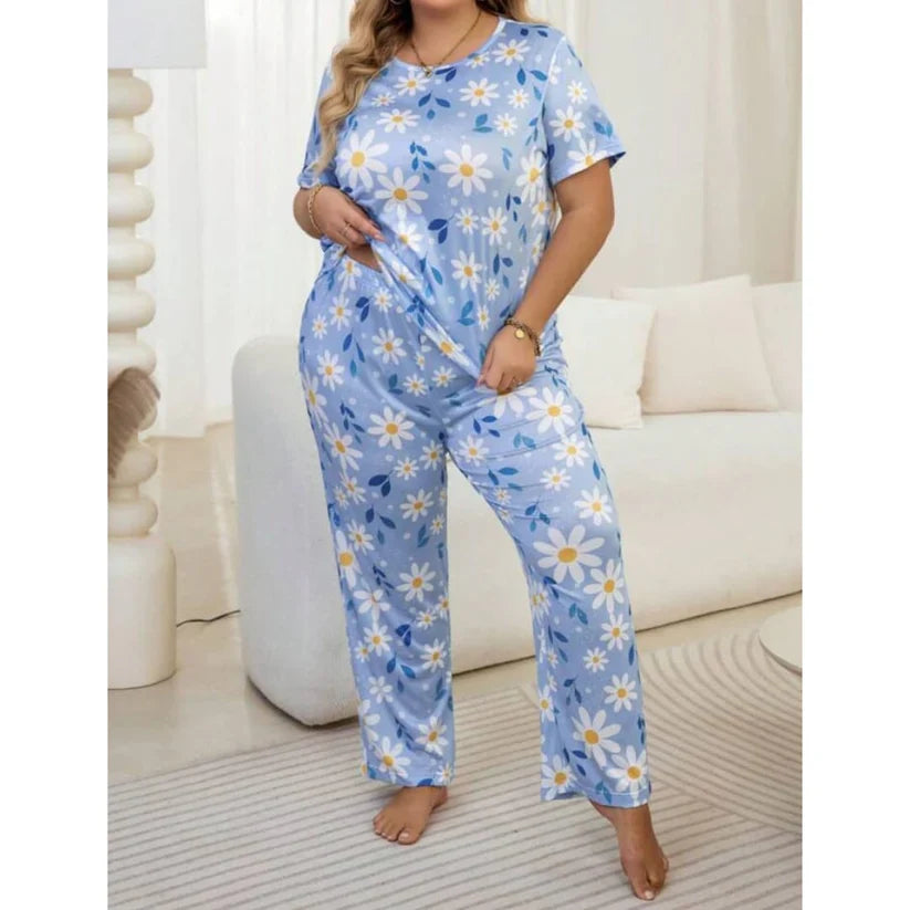 Sky Blue Flowers Print Half Sleeves T-shirt With Flowers Print Night Suit (CC-003)
