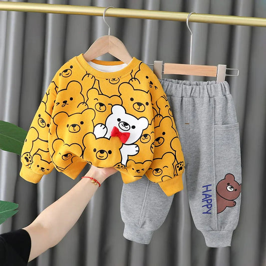 Yellow Bears Print Sweatshirt With Grey Trouser For Kids (CC-119)