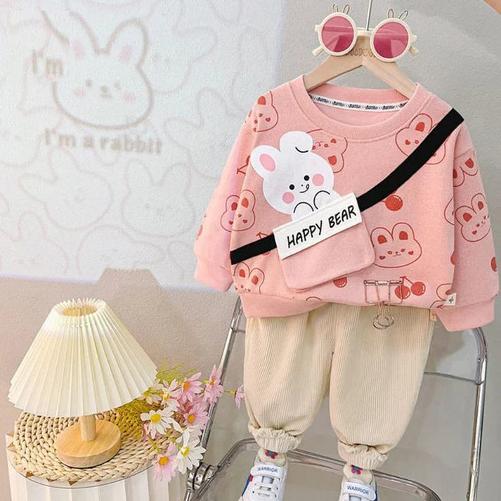 Pink Happy Bear Pocket Sweatshirt with Off White Trouser (CC-114)