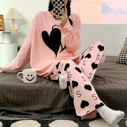 Pink Dual Heart Print With Heart Printed Trouser Full Sleeves Night Suit (CC-019)