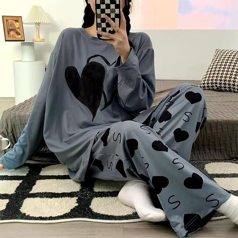 Grey Dual Heart Print With Heart Printed Trouser Full Sleeves Night Suit (CC-018)
