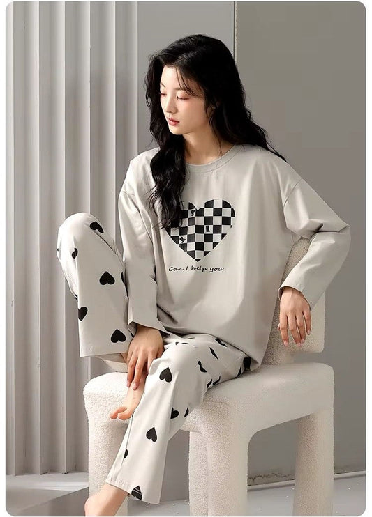 Grey Puzzle Heart Print With Heart Printed Trouser Full Sleeves Night Suit (CC-020)