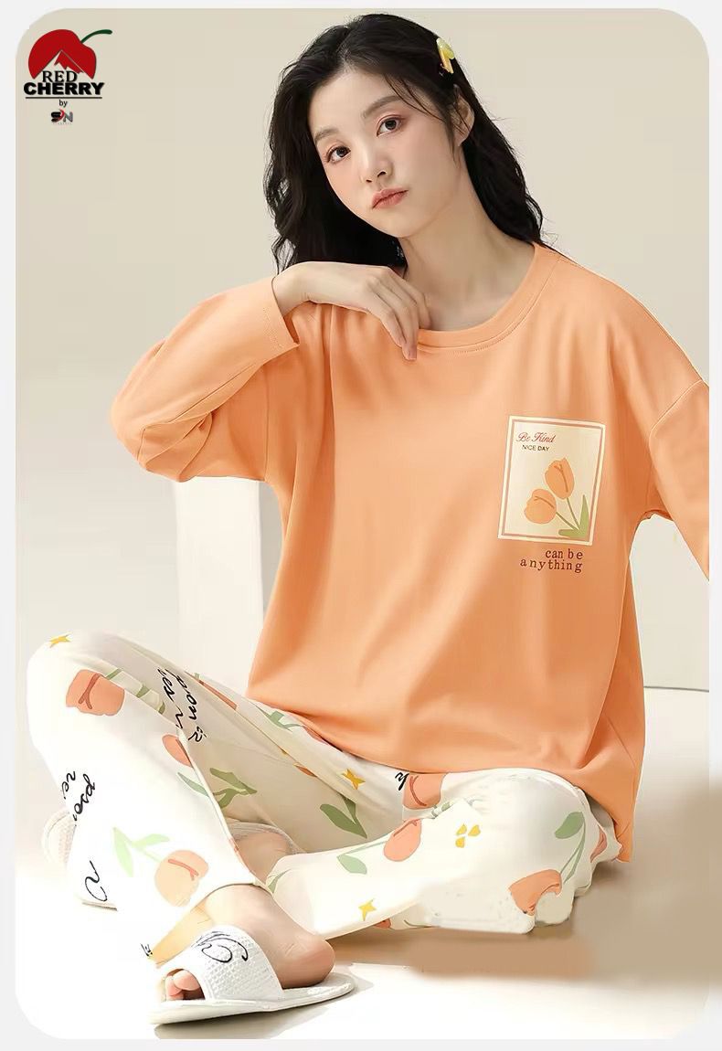 Orange Pocket Flower Print With Flower Printed Trouser Full Sleeves Night Suit (CC-021)