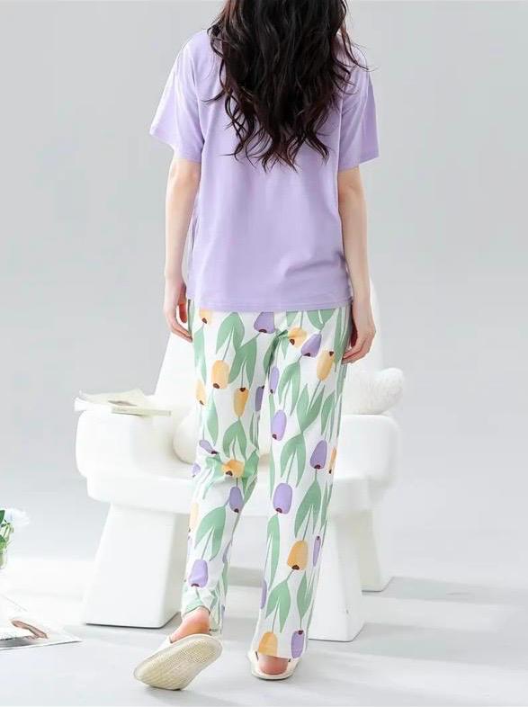 Lilac bunny Printed Half Sleeves Night Suit (CC-084)