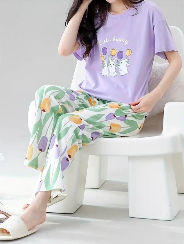 Lilac bunny Printed Half Sleeves Night Suit (CC-084)