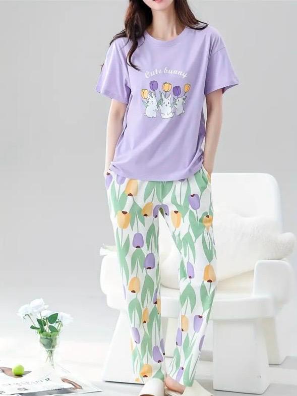 Lilac bunny Printed Half Sleeves Night Suit (CC-084)