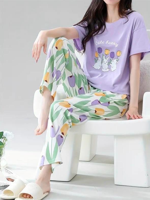 Lilac bunny Printed Half Sleeves Night Suit (CC-084)