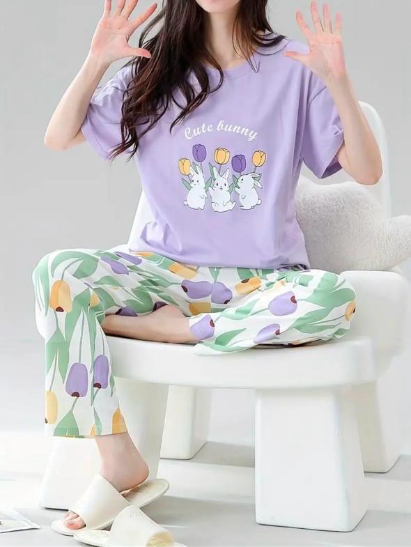 Lilac bunny Printed Half Sleeves Night Suit (CC-084)