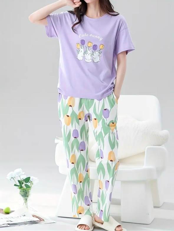 Lilac bunny Printed Half Sleeves Night Suit (CC-084)