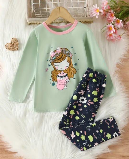Green Sleepy Princess Printed Kids Night Suit (CC-056)