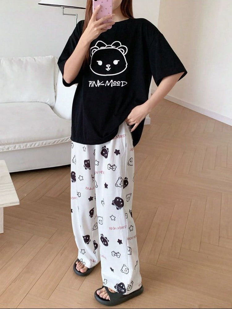 Black Pink Mood Print Printed Night Suit (CC-093)