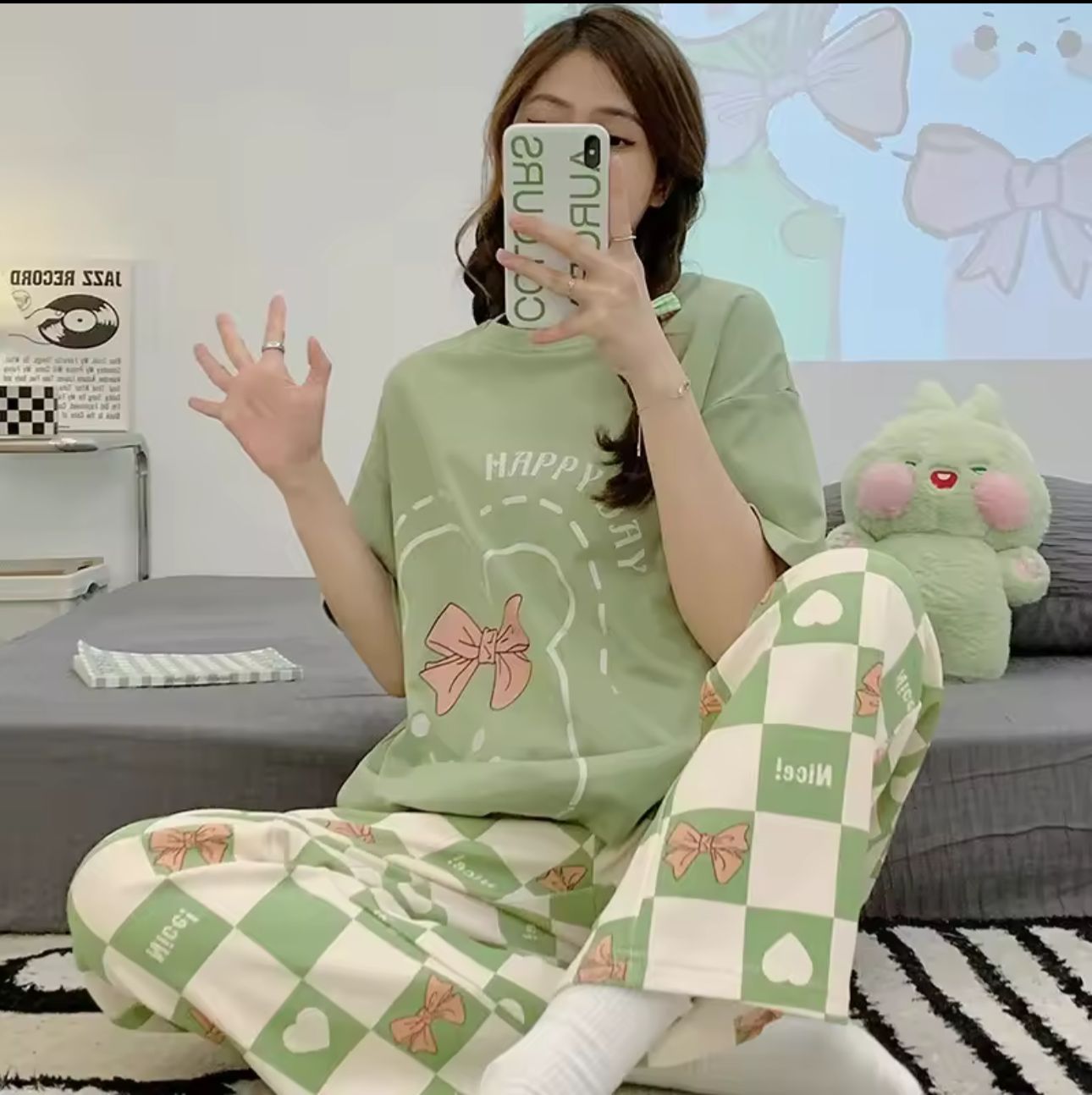 Olive Green Happy Day Printed Half Sleeves Night Suit (CC-094)