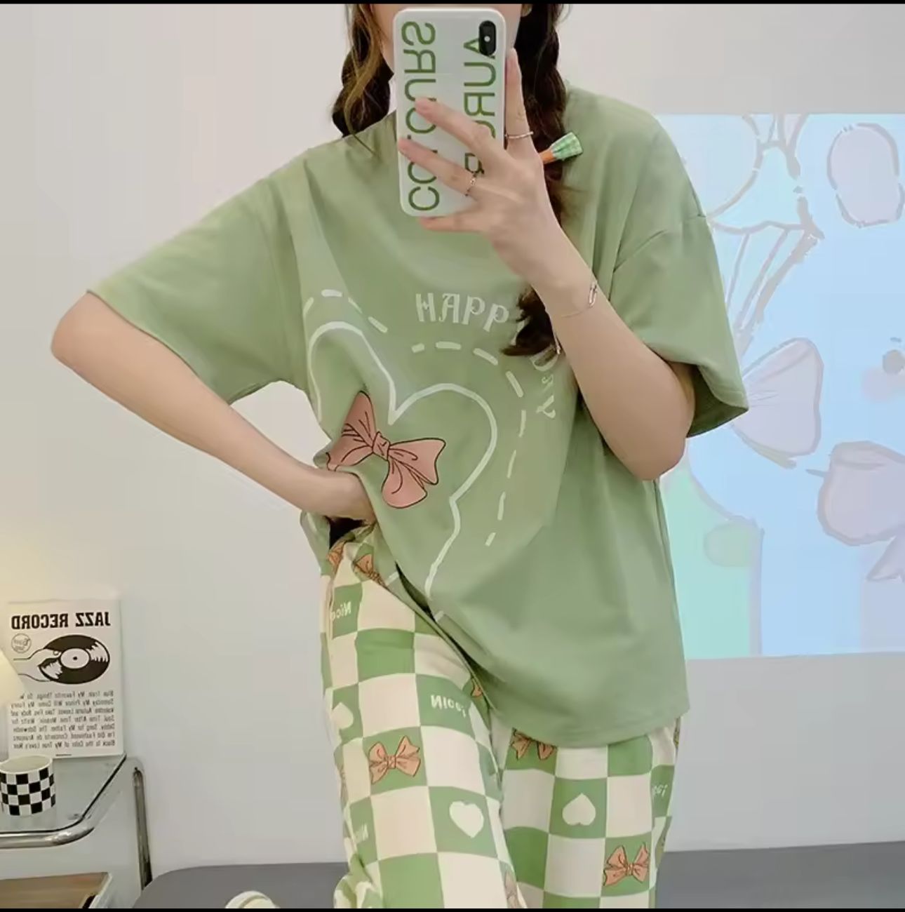 Olive Green Happy Day Printed Half Sleeves Night Suit (CC-094)