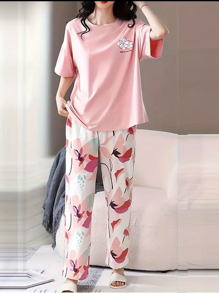 Pink Flowers Half Sleeves Printed Night Suit (CC-095)