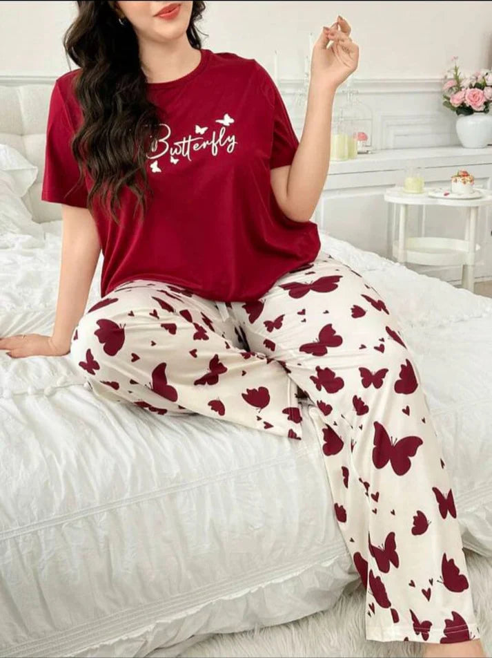 Maroon Butterfly Half Sleeves Printed Shirt with Butterfly Printed Trouser (CC-101)