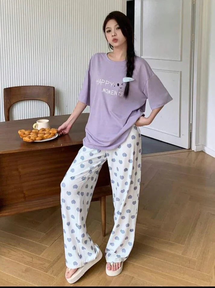 Lilac Happy Moments Printed Half Sleeves Shirt with Hearts Printed Trouser (CC-097)
