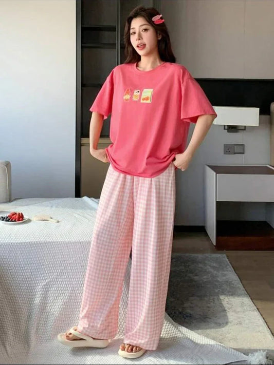 Pink Juices Printed Half Sleeves Shirt With check Printed Trouser Night wear (CC-096)