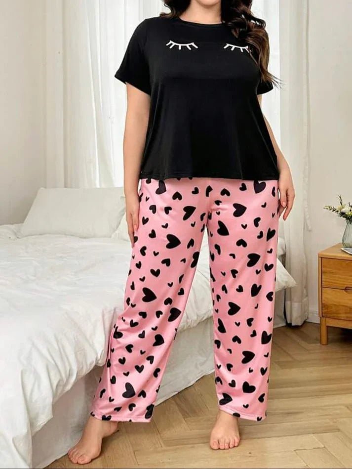 Black Sleepy Eyes Half Sleeves Printed Shirt with Hearts printed trouser (CC-098)