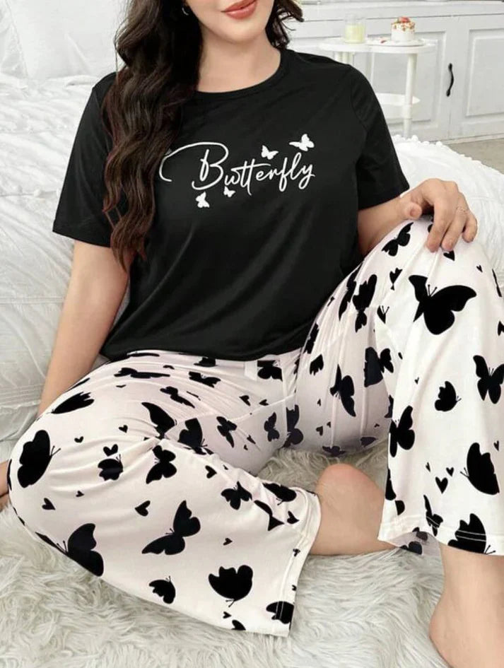 Black Butterfly Half Sleeves Printed Shirt with Butterfly Printed Trouser (CC-099)