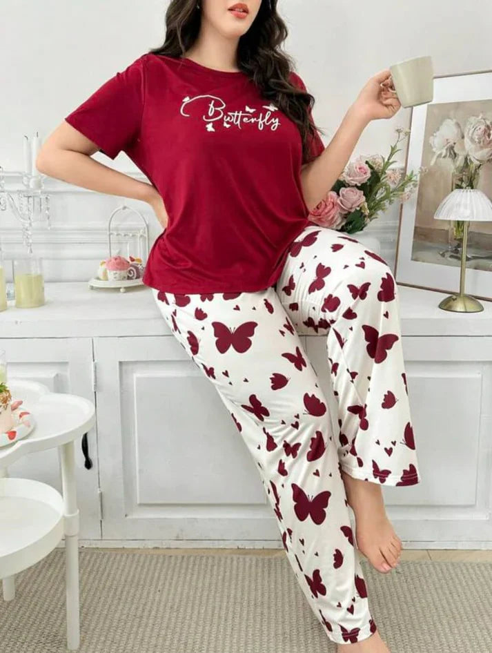 Maroon Butterfly Half Sleeves Printed Shirt with Butterfly Printed Trouser (CC-101)