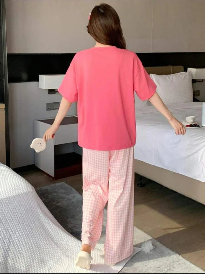 Pink Juices Printed Half Sleeves Shirt With check Printed Trouser Night wear (CC-096)