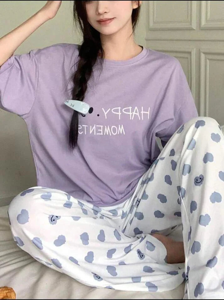 Lilac Happy Moments Printed Half Sleeves Shirt with Hearts Printed Trouser (CC-097)
