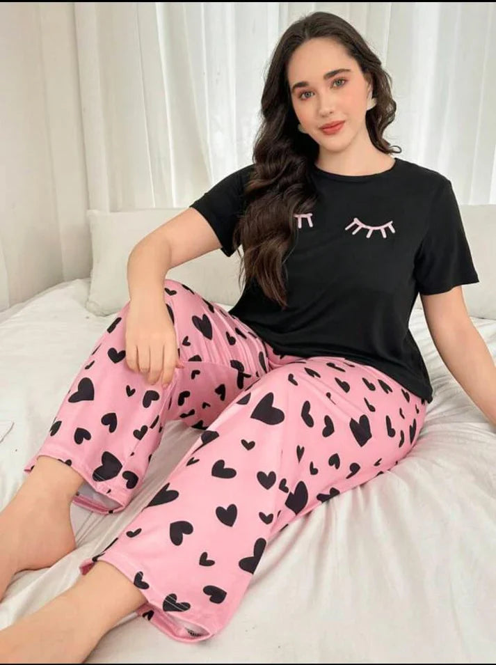 Black Sleepy Eyes Half Sleeves Printed Shirt with Hearts printed trouser (CC-098)